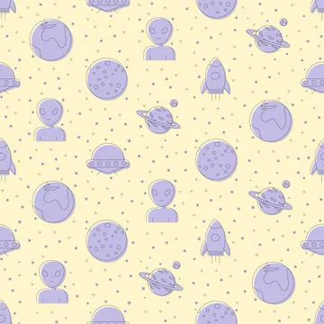 Space objects seamless pattern. Rocket, mars, earth, alien Stock Illustration