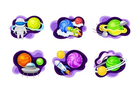 Space objects set. Astronaut, rocket, satellite, ufo spaceship, planet cartoon 스톡 일러스트