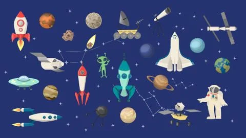 Space objects set. Illustrazione stock