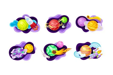 Space objects set. Pkanets, rocket, meteor cartoon vector illustration Illustrazione stock