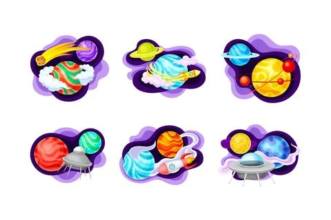 Space objects set. Planets, ufo spaceship, meteor cartoon vector illustration 스톡 일러스트