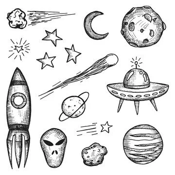 Space objects set vector sketches Stock Illustration