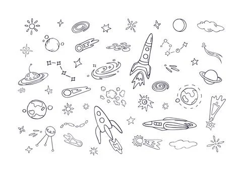 Space objects, stylized hand drawn doodles Stock Illustration