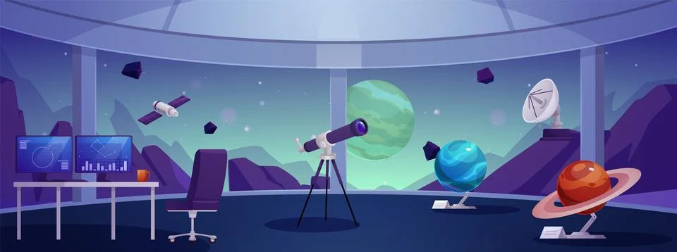 Space observatory interior with panoramic windows, desk, and telescope. 스톡 일러스트