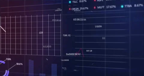 On space opening, floating codes converging into grid, charts updating, Stockbeeldmateriaal 317227235