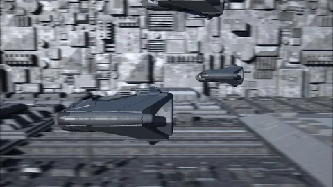 Space Opera: Space Fighters Squadron over an Artificial Structure Stock Footage 122993302