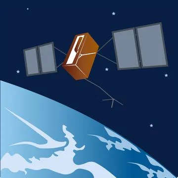 A space orbiting satellite in space. Satellite system. Stock Illustration