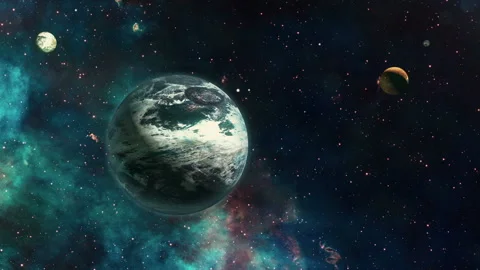 Space Panorama and many planets in a 3D animation Stock Footage 235736583