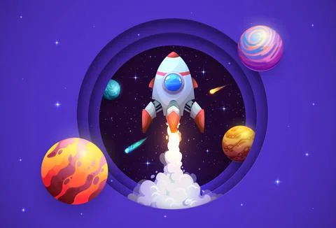 Space paper cut rocket launch and galaxy planets Stock Illustration