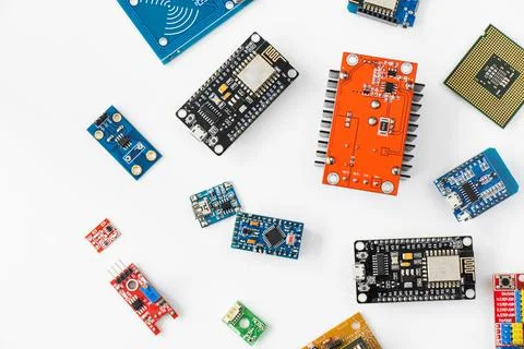 Space parts, microprocessor and microchips, electrical parts Foto stock