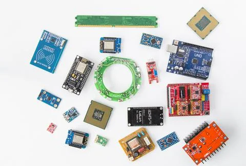 Space parts, microprocessor and microchips, electrical parts Stock Photos