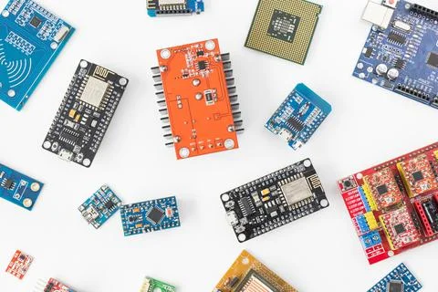 Space parts, microprocessor and microchips, background and texture of electrical Foto stock