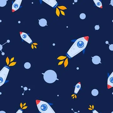 Space pattern on blue background with rockets and planets Illustrazione stock