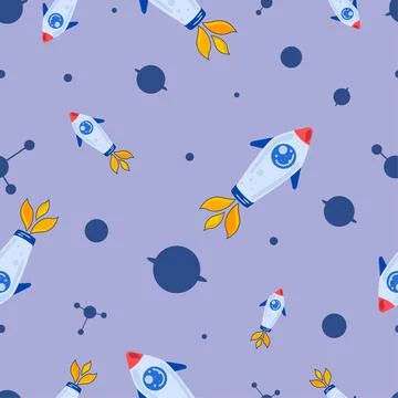Space pattern on blue background with rockets and planets Stock Illustration