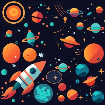 Space pattern design with rocket and planet Stock Illustration