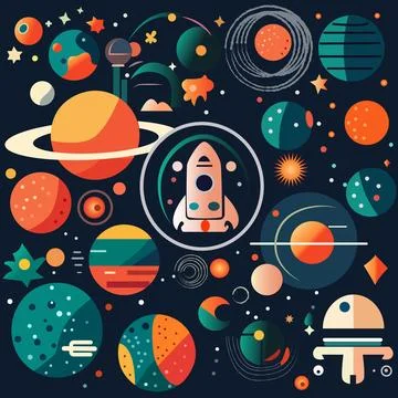 Space pattern design with rocket and planet Stock Illustration