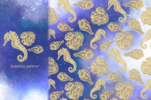 Space pattern with gold, hatched illustrations Stock Illustration