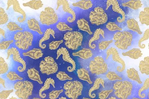 Space pattern with gold, hatched illustrations of seahorse, shells and corals 스톡 일러스트