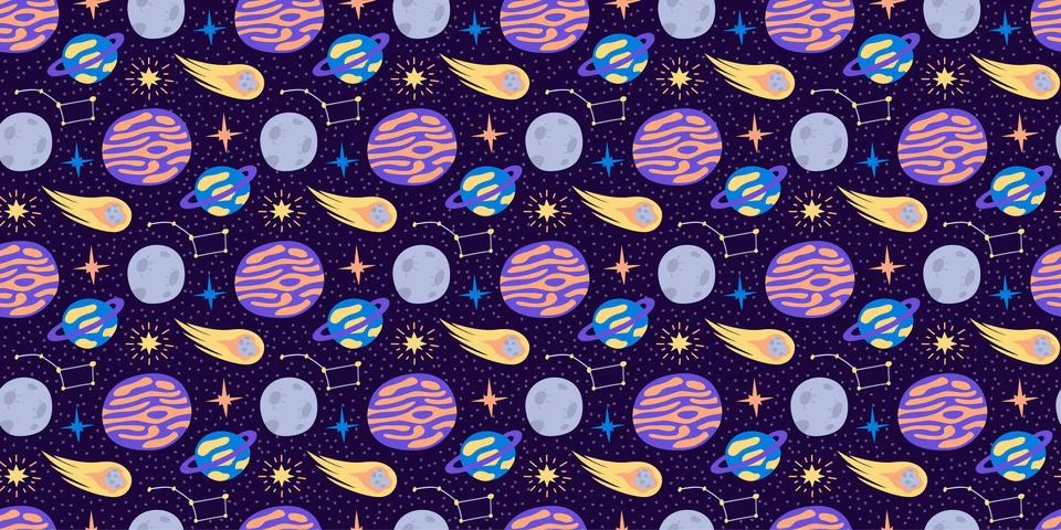 Space Pattern for kids. Outer space with funny planets, comet, constellation Stock Illustration