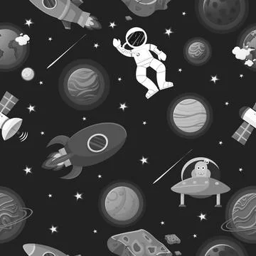 Space pattern with planets and stars. Astronaut Illustrazione stock