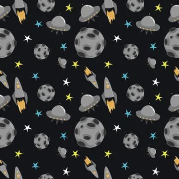 Space pattern: rocket, planet, flying saucer. Stock Illustration