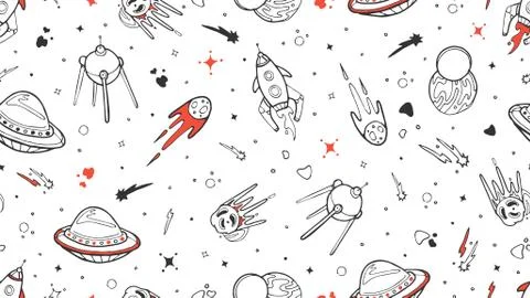 Space pattern. Vector kids seamless texture with doodle rocket, planet, stars Stock Illustration