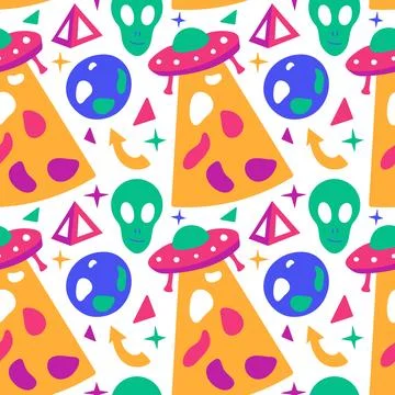 Space pattern on white background for children. Seamless UFO print. Flying イラスト素材