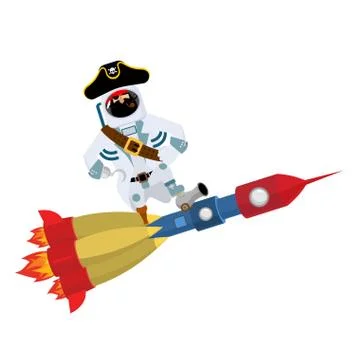 Space pirate on rocket. filibuster spaceman. buccaneer Cosmonaut in protectiv Stock Illustration