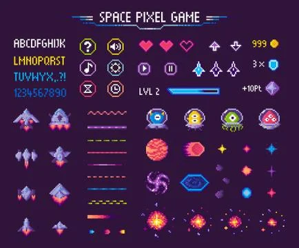 Space Pixel Game Icons Font and Cosmic Characters 스톡 일러스트