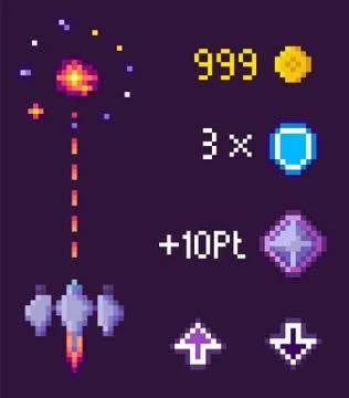 Space Pixel Game, Spaceship and Points Icons Set Ilustração Stock