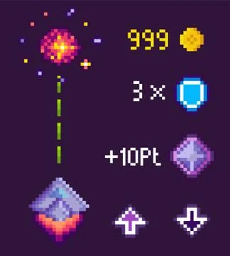 Space Pixel Game, Spaceship and Points Icons Set Ilustração Stock