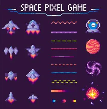 Space Pixel Game Spaceships and Planets Set Illustrazione stock