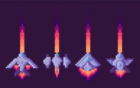 Space Pixel Game, Spaceships with Traces at Sky Stock Illustration