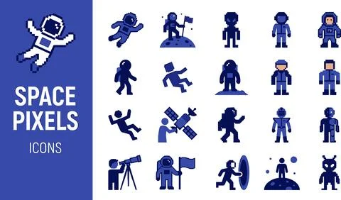 Space Pixels Icons Collection Astronauts Planets and Technology. Ilustración de archivo