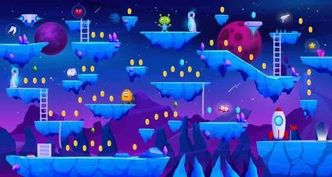Space planet arcade game level map, platforms Stock Illustration