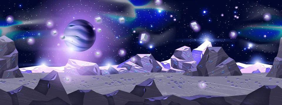 Space planet landscape, vector cosmic game seamless background Stock Illustration