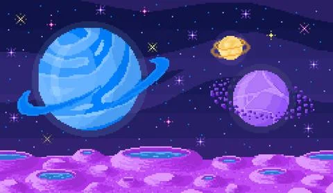 Space planet in pixel art. Pixelated landscape for game or application. 8 bit Illustrazione stock
