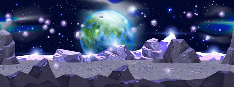 Space planet seamless landscape, vector alien surface background, purple rock Stock Illustration