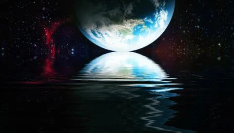 Space planet in space reflected in water. galaxy stars night sky ,Elements of Stockillustratie