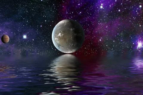 Space planet in space reflected in water. galaxy stars night sky ,Elements of Stockillustratie