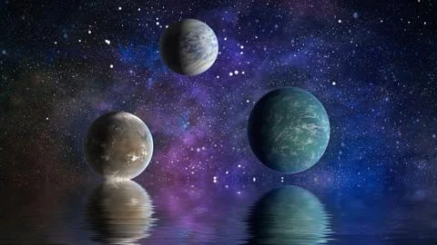 Space planet in space reflected in water. galaxy stars night sky ,Elements of Illustrazione stock