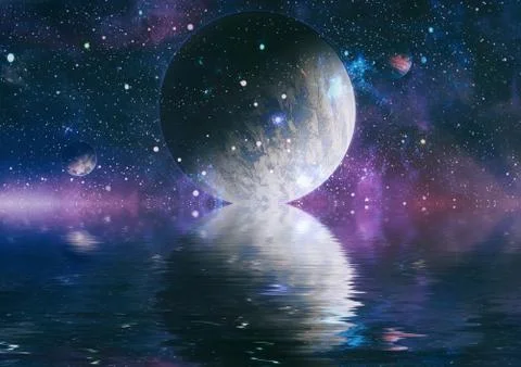 Space planet in space reflected in water. galaxy stars night sky ,Elements of Stock Illustration
