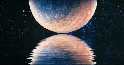 Space planet in space reflected in water. galaxy stars night sky ,Elements of Illustrazione stock