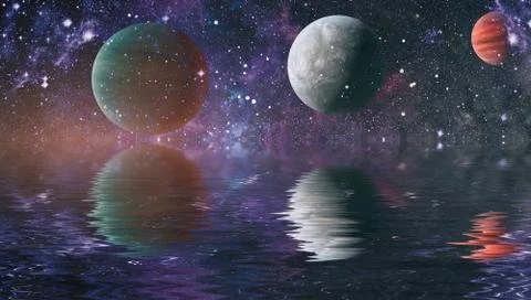 Space planet in space reflected in water. galaxy stars night sky ,Elements of Illustrazione stock