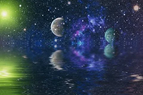 Space planet in space reflected in water. galaxy stars night sky ,Elements of Illustrazione stock