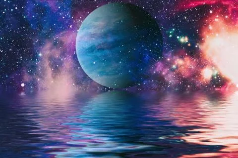 Space planet in space reflected in water. galaxy stars night sky ,Elements of Stockillustratie
