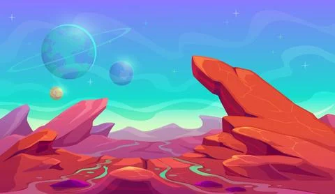 Space planet surface with Mars mountains landscape Stock Illustration