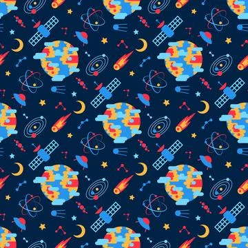 Space Planet UFO Satellite Flat Seamless Pattern Stock Illustration