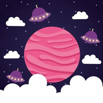 Space planet with ufos and clouds on starry background vector design Stock Illustration