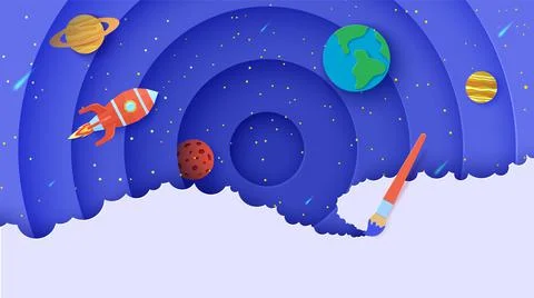 Space with planets and flying red polygonal rocket in paper cut style. Vector Stock Illustration